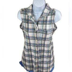 New York & Company Blue and Green Plaid Sleeveless Shirt